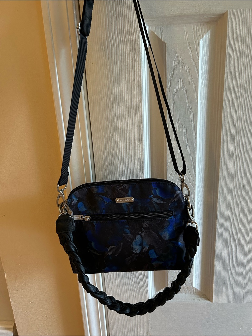 Lug Dome Crossbody with TWO detachable straps in blue and black abstract print